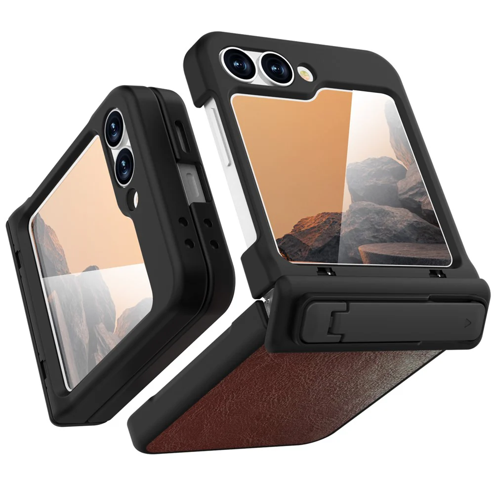 GW181 For Samsung Galaxy Z Flip7 FE 5G / Z Flip6 5G Case Crazy Horse Texture PU+PC Phone Cover with Kickstand - Orange Red - Image 3