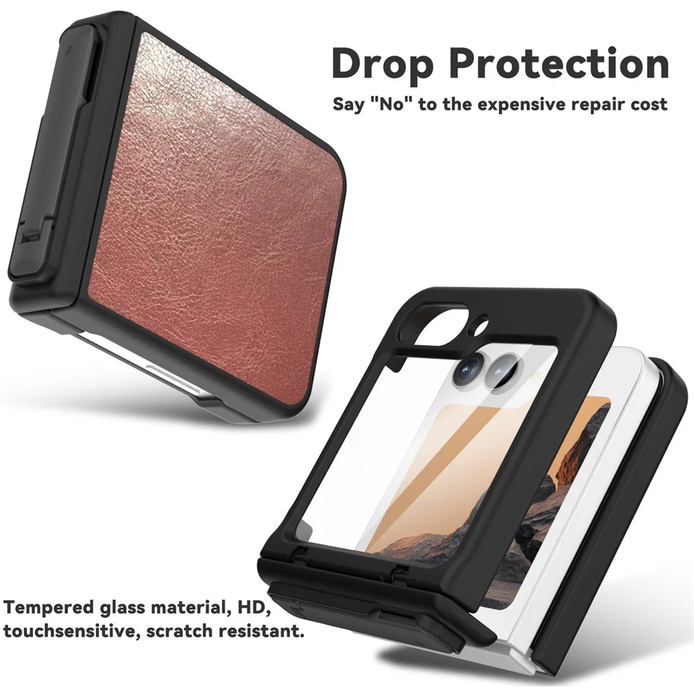 GW181 For Samsung Galaxy Z Flip7 FE 5G / Z Flip6 5G Case Crazy Horse Texture PU+PC Phone Cover with Kickstand - Orange Red - Image 4