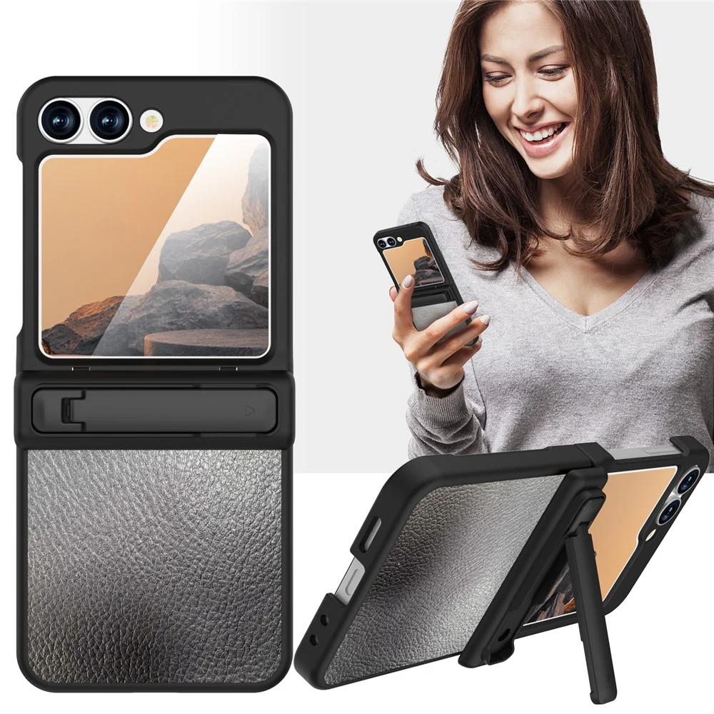 GW181 For Samsung Galaxy Z Flip7 FE 5G / Z Flip6 5G Case Litchi Texture PU+PC Kickstand Phone Cover - Black - Image 2