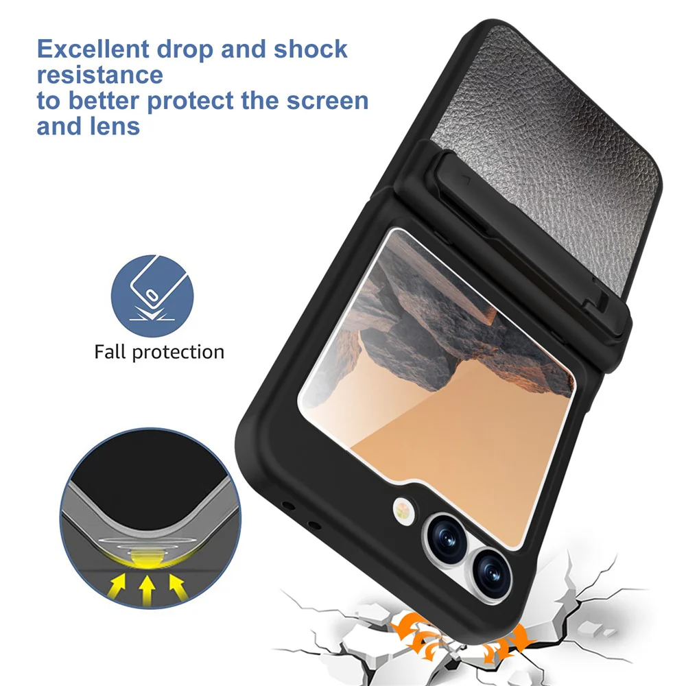 GW181 For Samsung Galaxy Z Flip7 FE 5G / Z Flip6 5G Case Litchi Texture PU+PC Kickstand Phone Cover - Black - Image 6