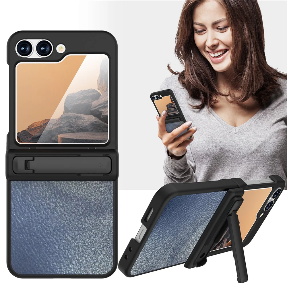 GW181 For Samsung Galaxy Z Flip7 FE 5G / Z Flip6 5G Case Litchi Texture PU+PC Kickstand Phone Cover - Slate Blue - Image 2