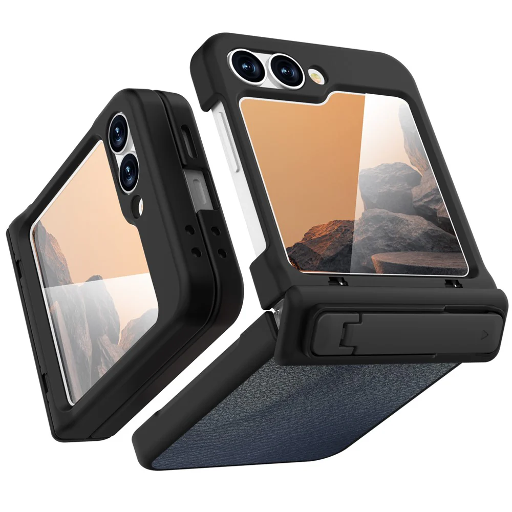 GW181 For Samsung Galaxy Z Flip7 FE 5G / Z Flip6 5G Case Litchi Texture PU+PC Kickstand Phone Cover - Slate Blue - Image 3