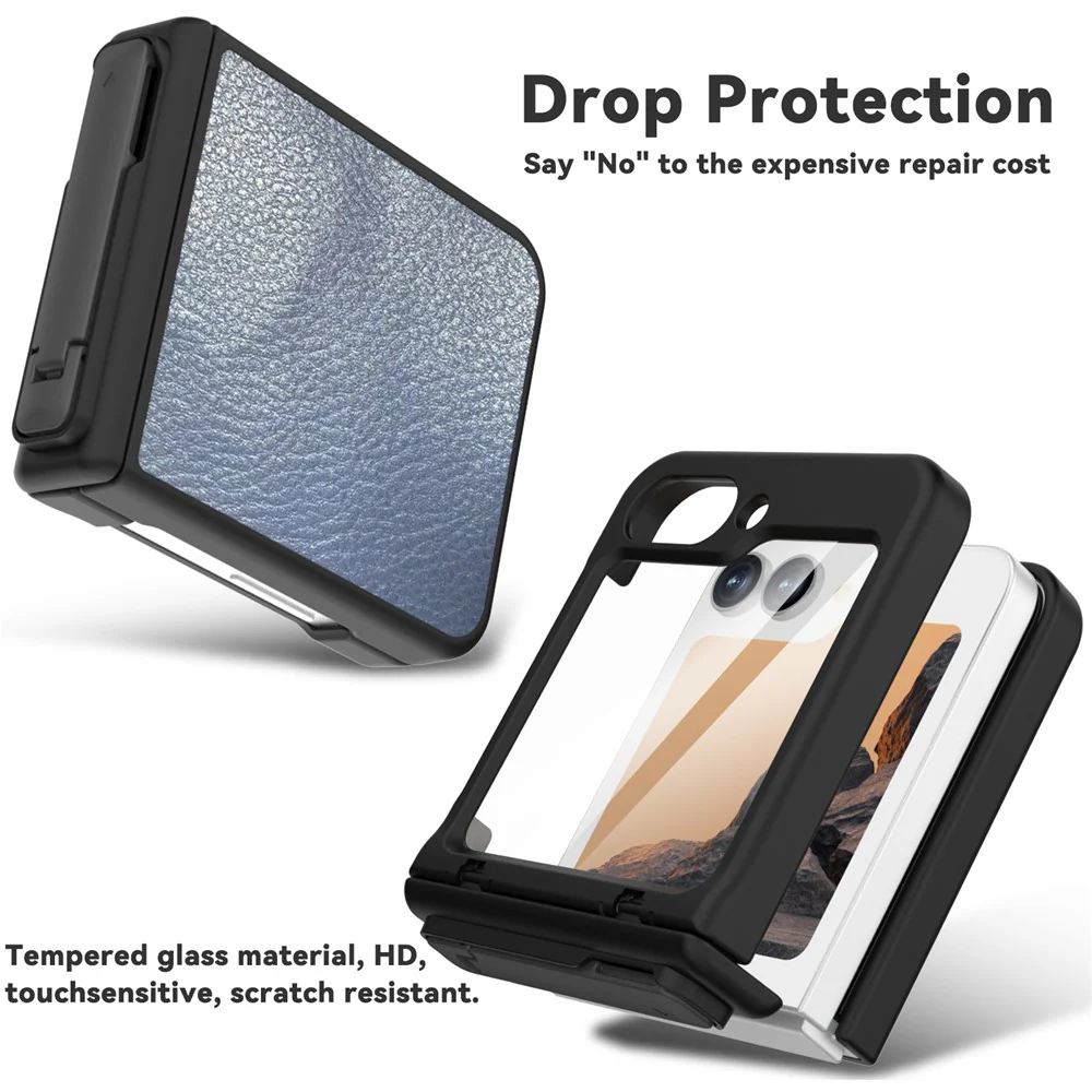 GW181 For Samsung Galaxy Z Flip7 FE 5G / Z Flip6 5G Case Litchi Texture PU+PC Kickstand Phone Cover - Slate Blue - Image 4