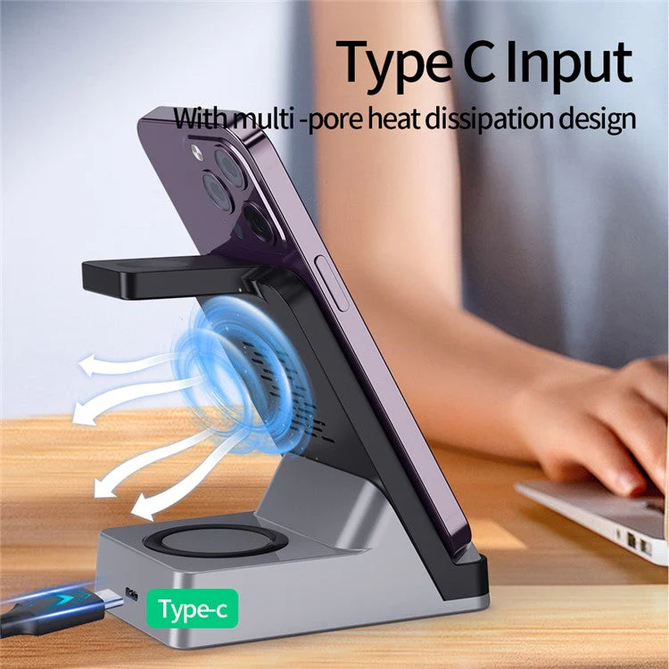 H15B Wireless Charger 3 in 1 15W Fast Wireless Charging Dock ABS+Tempered Glass Multi Charger Stand for iPhone 8 Above / iWatch / AirPods - Black - Image 4