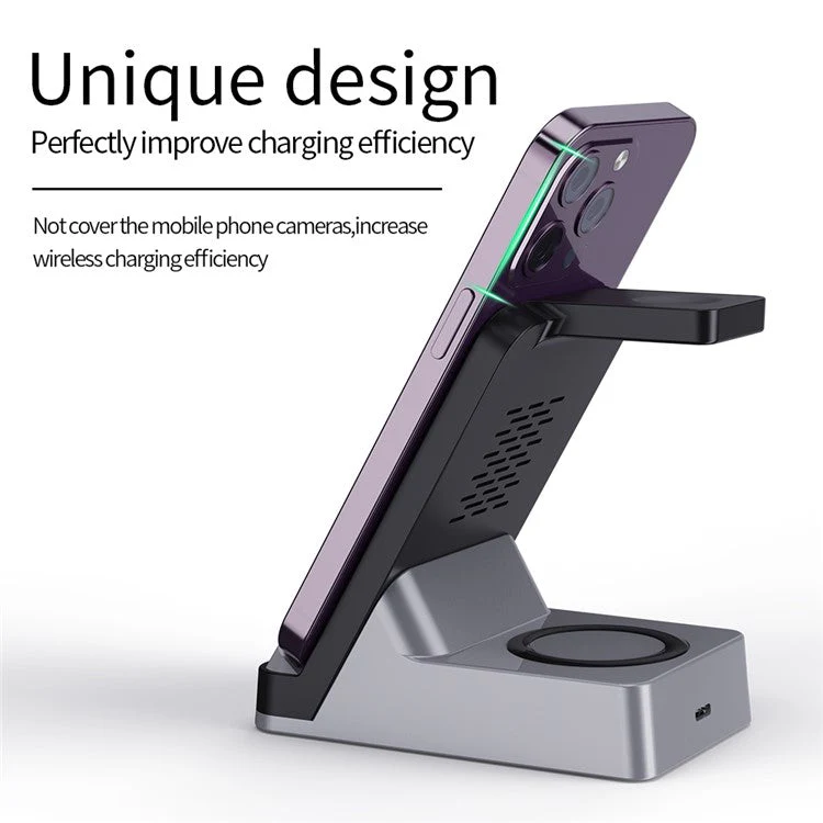 H15B Wireless Charger 3 in 1 15W Fast Wireless Charging Dock ABS+Tempered Glass Multi Charger Stand for iPhone 8 Above / iWatch / AirPods - Black - Image 5