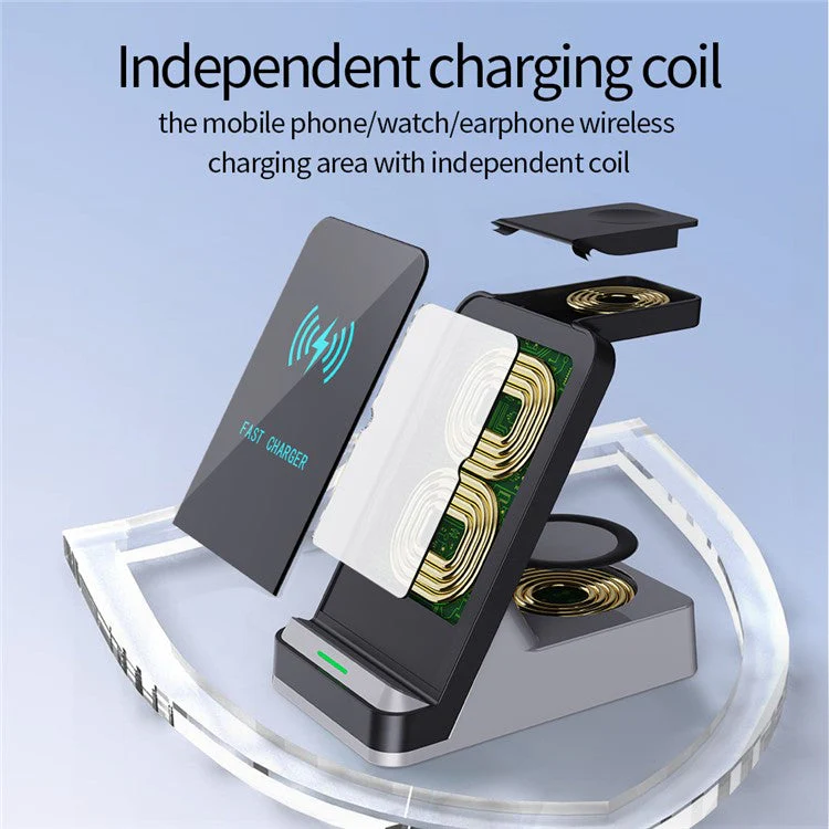 H15B Wireless Charger 3 in 1 15W Fast Wireless Charging Dock ABS+Tempered Glass Multi Charger Stand for iPhone 8 Above / iWatch / AirPods - Black - Image 6