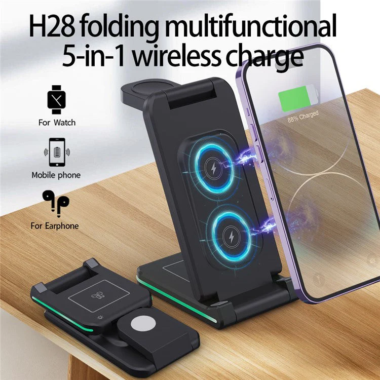 H28 Folding Multifunctional 5-in-1 15W Wireless Charger Phone Earphone Watch Charging Stand with Light Function - Black - Image 2