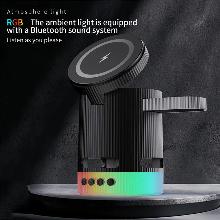 H61 4 in 1 RGB Bluetooth Speaker Foldable Wireless Charger for Phone / Earphone / Watch - White - Image 4