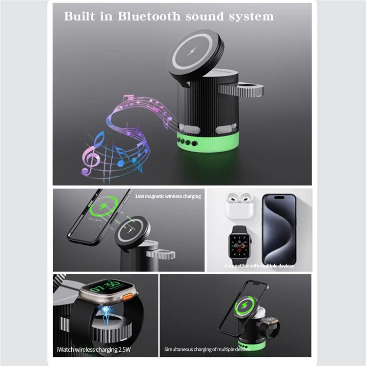 H61 4 in 1 RGB Bluetooth Speaker Foldable Wireless Charger for Phone / Earphone / Watch - White - Image 8