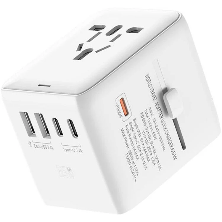 HHT901A Worldwide Travel Charge GaN Adapter Wall Plug PD 65W Fast Charging Plug Converter - White