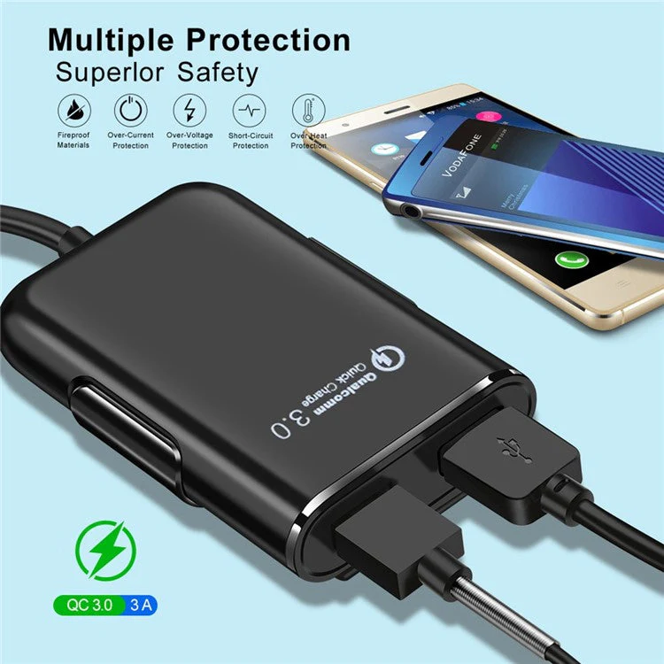 HMQ-C801 Quick Charge QC3.0 4-Port USB Front and Rear Car Charger Extending USB HUB with 1.8m Cable - Image 5