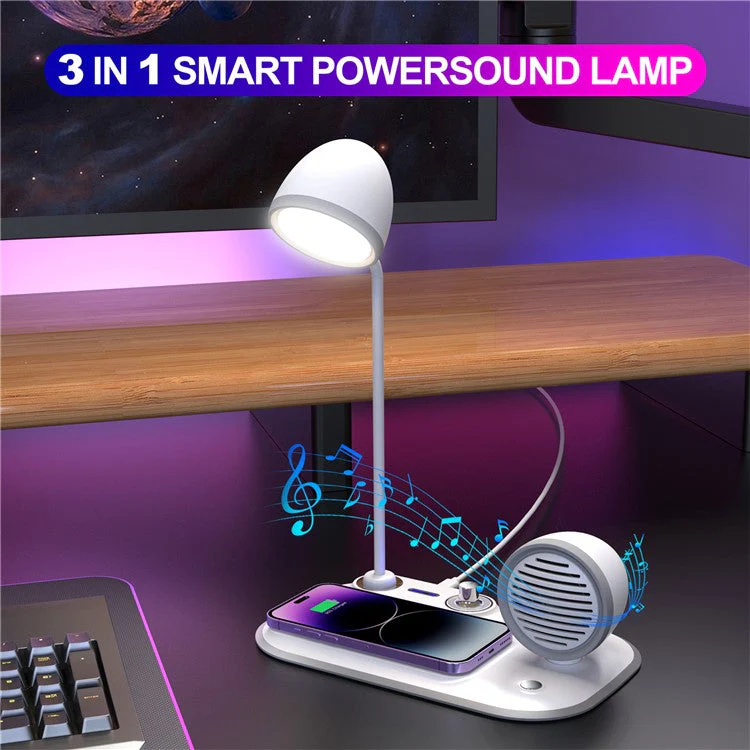 HT-310 3-in-1 15W Wireless Charger 3 Light Modes LED Desk Lamp with Bluetooth Speaker - White - Image 5