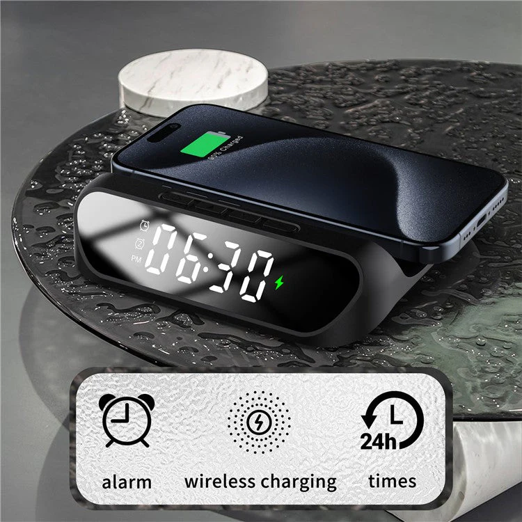 HT-331 2-in-1 15W Desktop Wireless Charger Dimmable Alarm Clock with Snooze Function - Black - Image 4