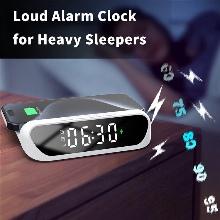 HT-331 2-in-1 15W Desktop Wireless Charger Dimmable Alarm Clock with Snooze Function - White - Image 7