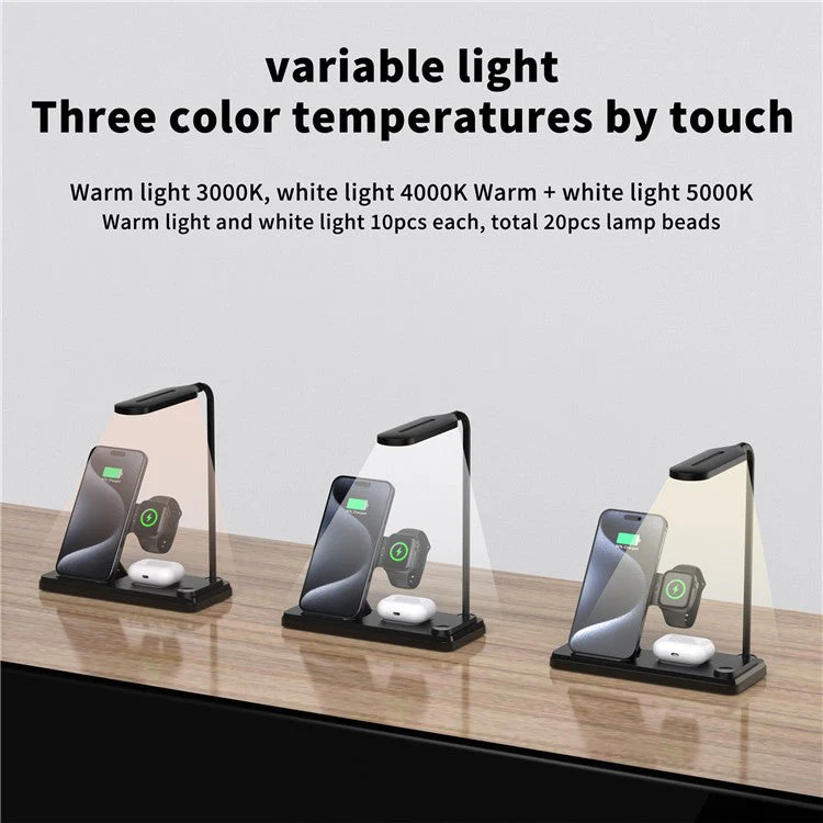 HT-503 Folding 15W Wireless Charger for Phone / Watch / Earbuds with Touch Control LED Table Lamp - Black - Image 6