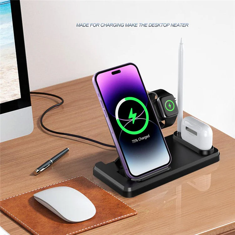 HT-504 For iPhone AirPods Apple Watch 15W Wireless Charger Fast Charging Stand with Pen Holder - Black - Image 3