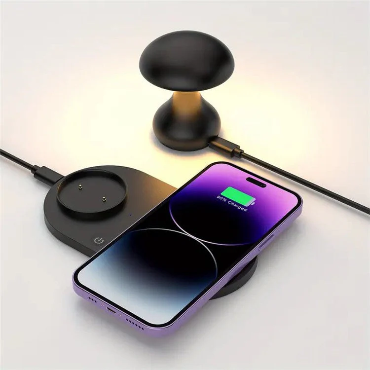 HT-513 2-In-1 Mushroom Night Lamp Wireless Charger Bedside Light - Black - Image 2