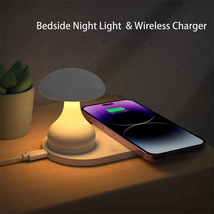 HT-513 2-In-1 Mushroom Night Lamp Wireless Charger Bedside Light - Black - Image 4