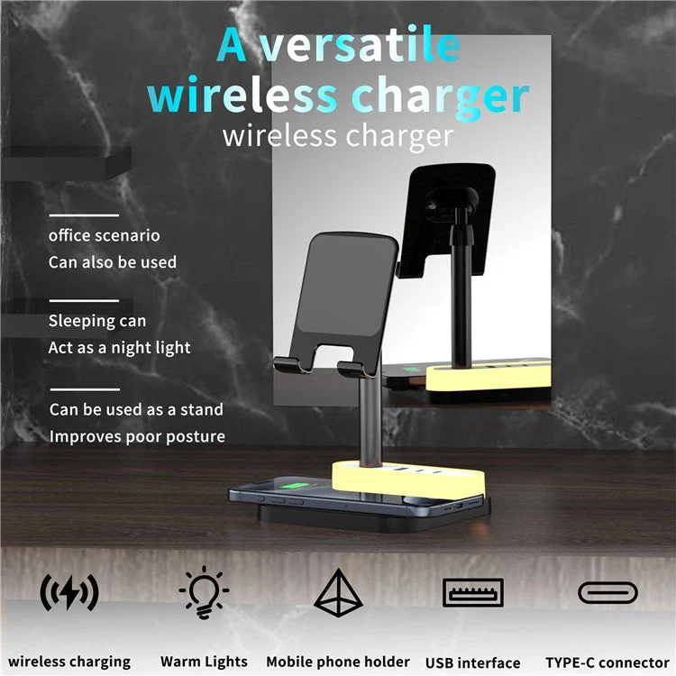HT-531 15W Wireless Charger with Night Light Phone Bracket USB + Type-C Power Socket - Black - Image 3