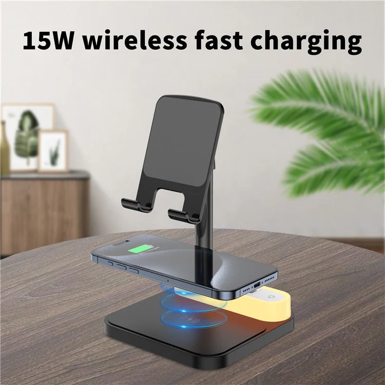 HT-531 15W Wireless Charger with Night Light Phone Bracket USB + Type-C Power Socket - Black - Image 4