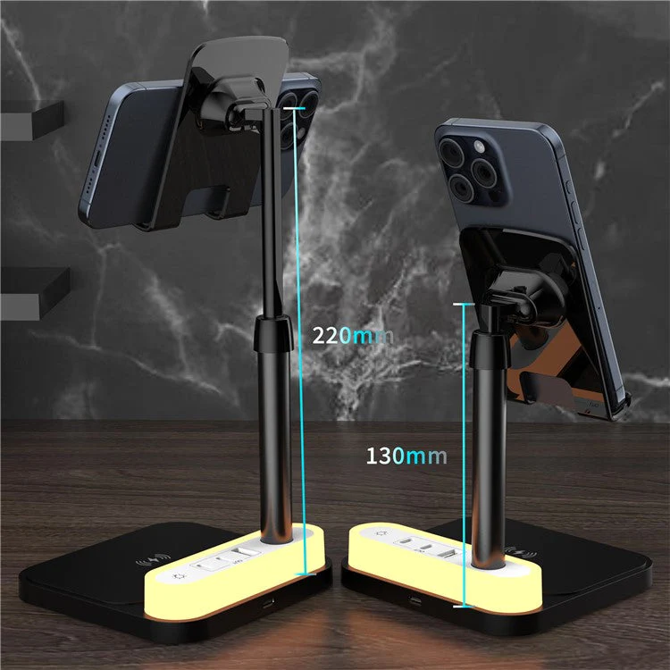 HT-531 15W Wireless Charger with Night Light Phone Bracket USB + Type-C Power Socket - Black - Image 5