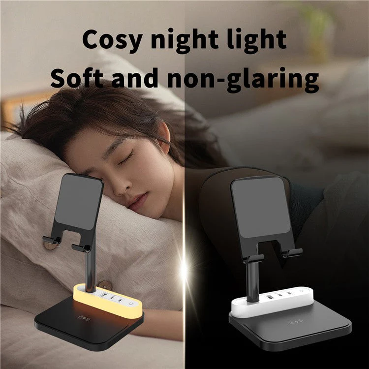 HT-531 15W Wireless Charger with Night Light Phone Bracket USB + Type-C Power Socket - Black - Image 7