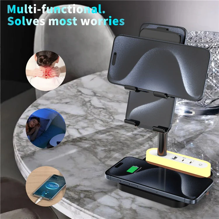 HT-531 15W Wireless Charger with Night Light Phone Bracket USB + Type-C Power Socket - Black - Image 8