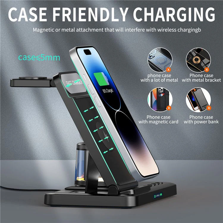 HYY-H33 5-in-1 15W Wireless Charger Folding Charging Station with Night Light - Black - Image 6