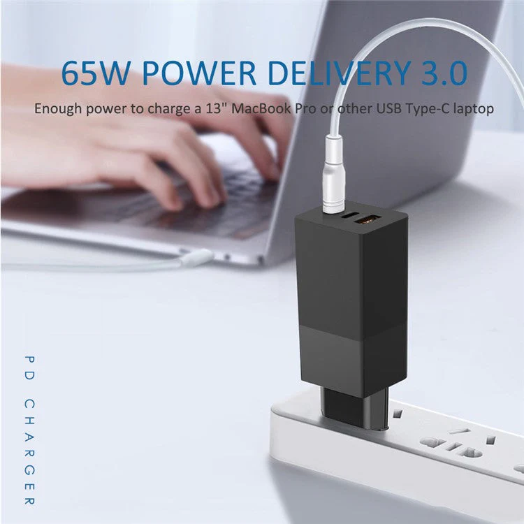 i10 65W Fast Charging GaN Charger 2x Type-C + 1x USB-A PD QC 3.0 Charging Adapter - UK Plug - Image 3
