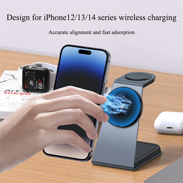 IFORCE T3 3-in-1 Magnetic Wireless Charger 15W Fast Charging Stand Dock for iWatch AirPod Phone - Grey - Image 4