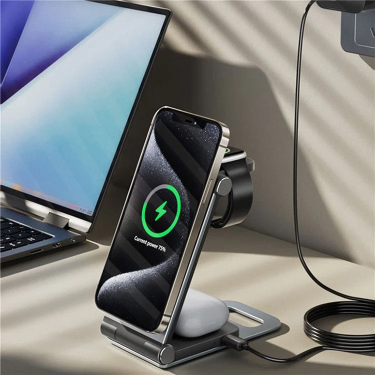 IFORCE T9 Folding 3-in-1 Desktop 15W Wireless Charger for Cell Phone, Headset, Watch Charging Stand - Dark Grey - Image 5