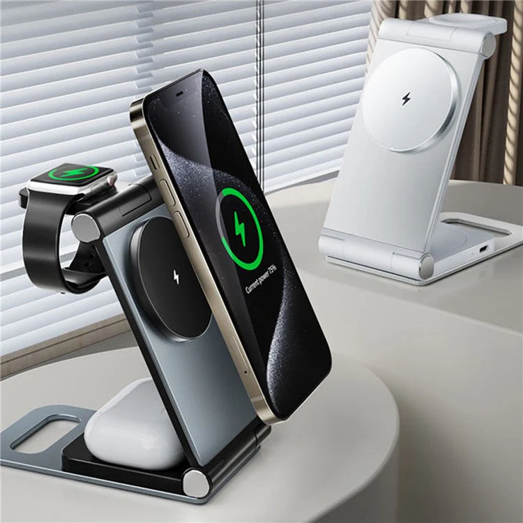IFORCE T9 Folding 3-in-1 Desktop 15W Wireless Charger for Cell Phone, Headset, Watch Charging Stand - Dark Grey - Image 7