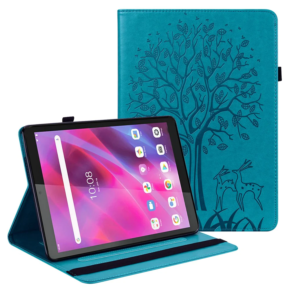 Imprint Tree and Deer Pattern Elastic Strap Closure Leather Stand Tablet Cover for Lenovo Tab M10 HD (TB-X505L/TB-X505F)/M10 (TB-X605L/TB-X605F)/Tab P10 (TB-X705F TB-X705L) - Blue