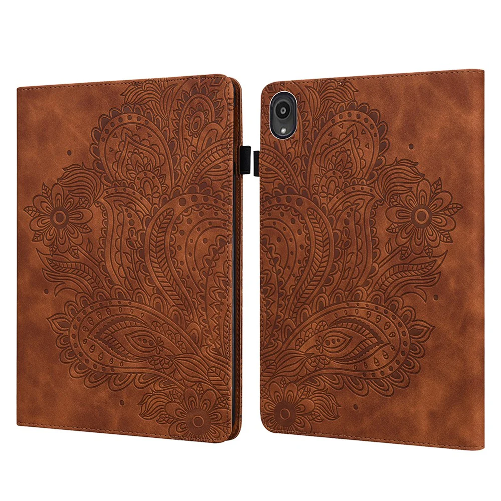 Imprinted Peafowl Flower Pattern Design Leather Tablet Wallet Stand Protective Shell for Lenovo Tab P11 TB-J606F / Tab P11 5G - Brown