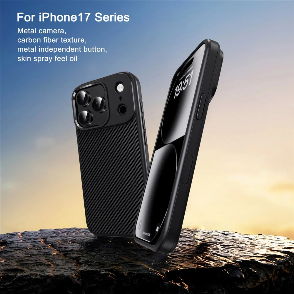IPAKY For iPhone 17 Pro Max TPU Case Carbon Fiber Texture Phone Cover Metal Lens Frame - Black - Image 3