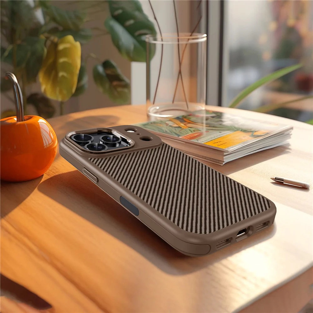 IPAKY For iPhone 17 Pro Max TPU Case Carbon Fiber Texture Phone Cover Metal Lens Frame - Desert Gold - Image 2