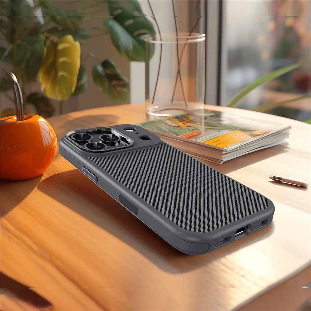 IPAKY For iPhone 17 Pro Max TPU Case Carbon Fiber Texture Phone Cover Metal Lens Frame - Grey - Image 2