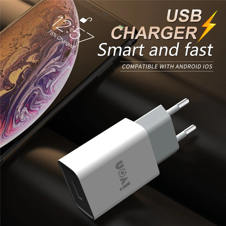 IVON AD-33 2.1A Mobile Phone USB Charger Travel Power Adapter Plug + 1m Micro USB Data Cable - EU Plug - Image 2