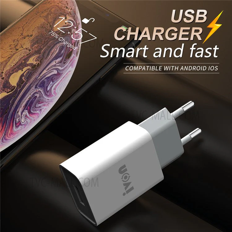 IVON AD-33 2.1A Single USB Port Wall Charger Adapter + 1m 8 Pin Data Cable - EU Plug - Image 2