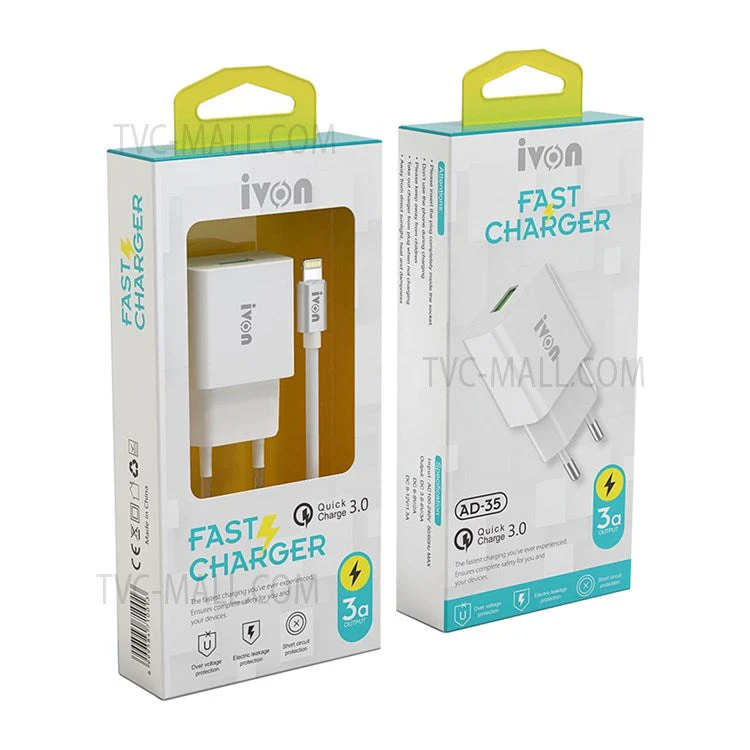 IVON AD-33 2.1A Single USB Port Wall Charger Adapter + 1m 8 Pin Data Cable - US Plug - Image 8