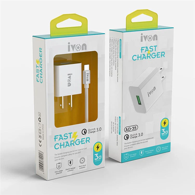 IVON AD-35 3A High Current Fast Charger Travel Power Adapter QC3.0 USB Wall Charger + 1m Micro USB Data Cable - US Plug - Image 5