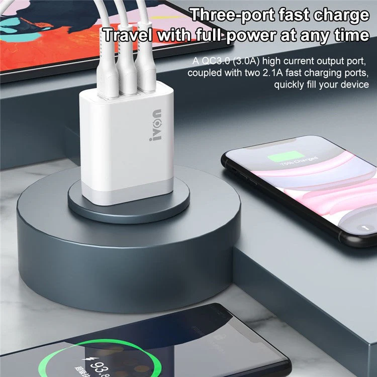 IVON AD37 For iPhone Xiaomi Huawei OPPO 3 USB Ports Quick Charge 3.0 Fast Charge Charger Travel Power Adapter, US Plug - Image 2