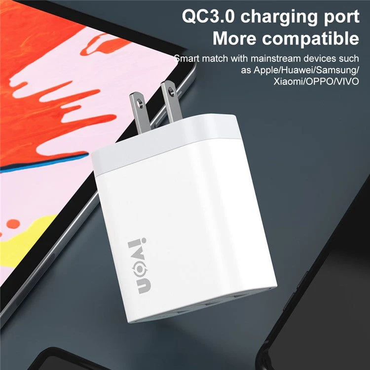 IVON AD37 For iPhone Xiaomi Huawei OPPO 3 USB Ports Quick Charge 3.0 Fast Charge Charger Travel Power Adapter, US Plug - Image 3