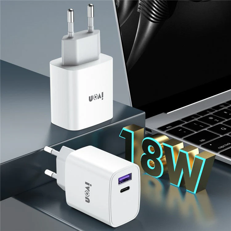 IVON AD52 Portable 18W PD Charger Type-C + USB Dual Ports Power Adapter - EU Plug - Image 7