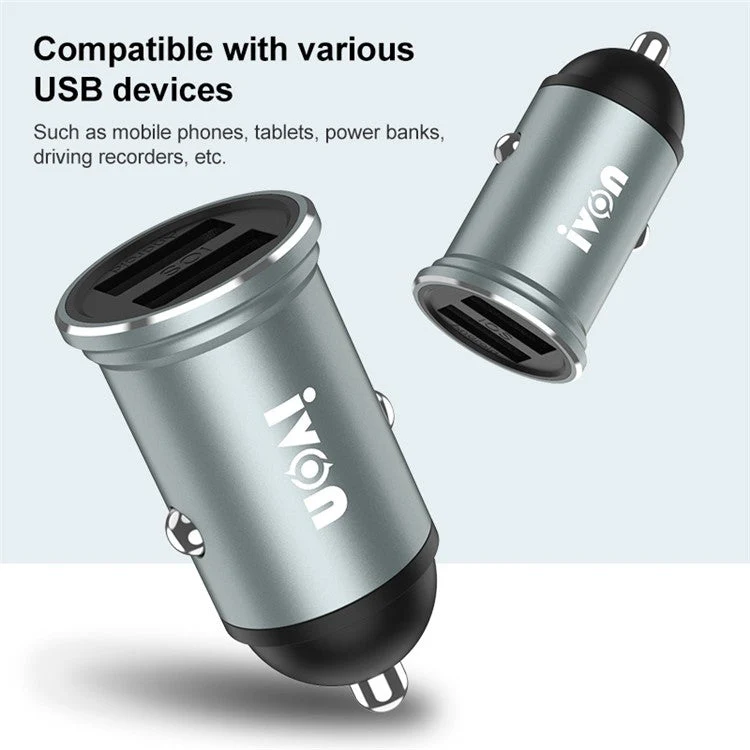 IVON CC37 Mini Car Charger Dual Ports Cigarette Lighter Fast Charging with 1m USB to Type-C Cable - Image 2
