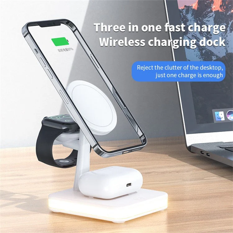 J991 3 in 1 Magnetic Adsorption Desktop Wireless Charger for Mobile Phone / Watch / Headphone 15W Max Charging Dock Stand with USB Output - Black - Image 3