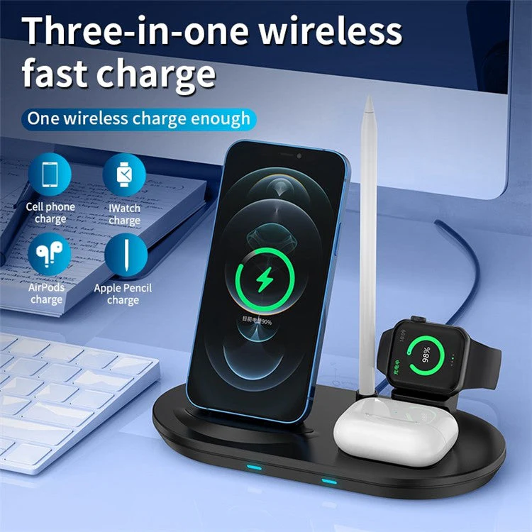 JJT-885 4 in 1 Wireless Charger for iPhone / Apple Watch / AirPods / Apple Pencil Multifunction 15W Fast Charging Station - White - Image 4