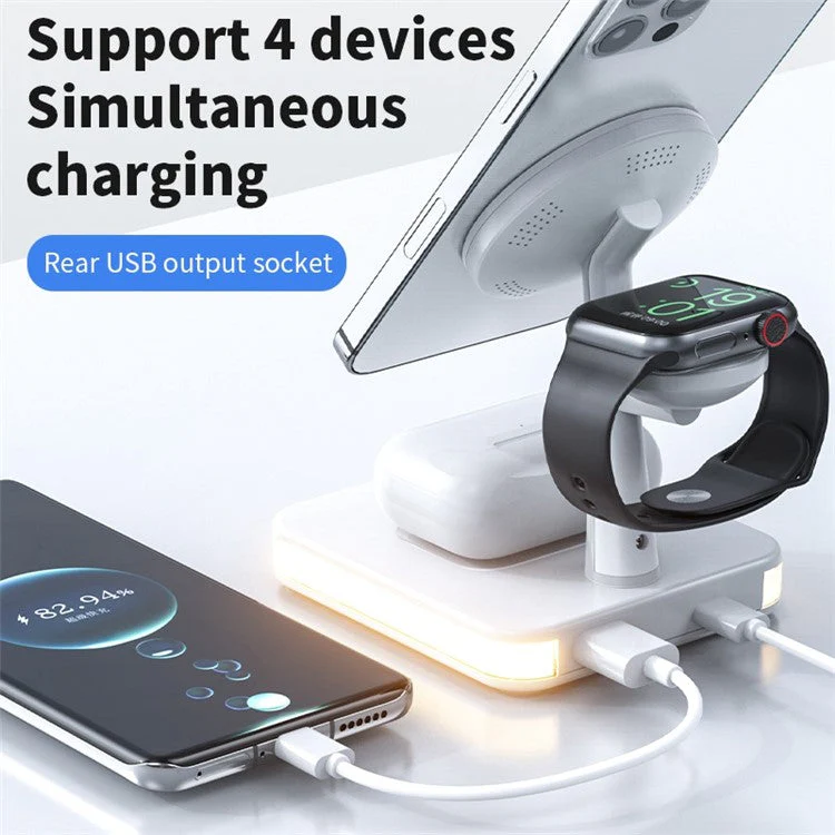 JJT-991 For iPhone / Apple Watch / AirPods 4 in 1 Magnetic Wireless Charger with USB Output Multifunction Charging Base - White - Image 8
