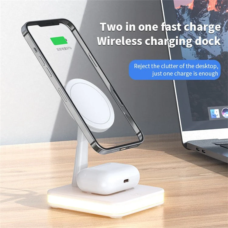 JJT-992 3 in 1 Magnetic Wireless Charger with USB Output for iPhone / AirPods LED Light Charging Base - White - Image 2