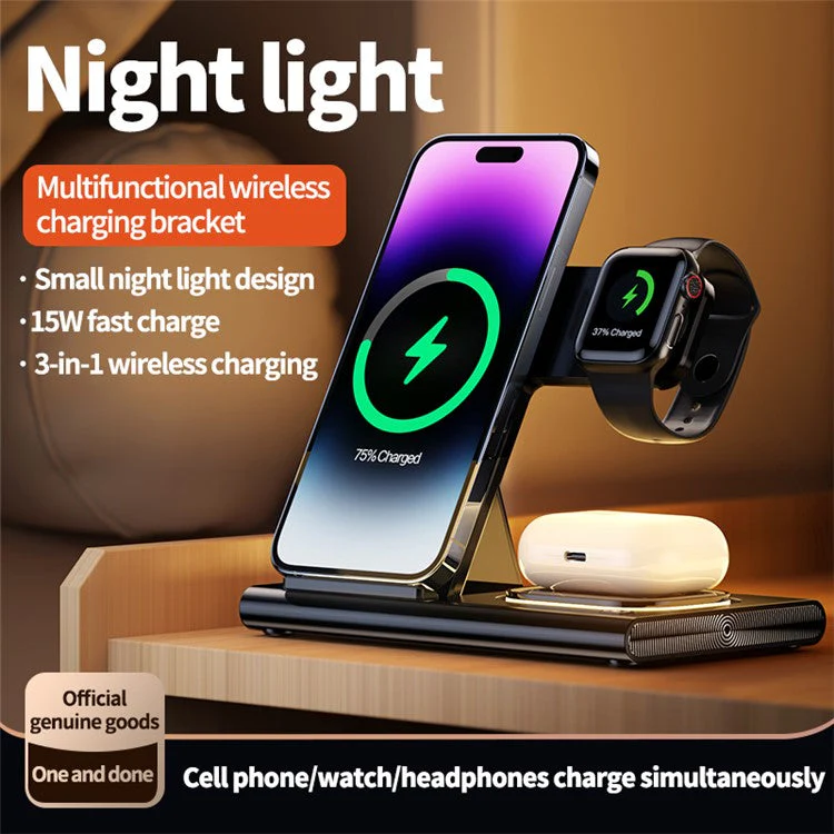 JJT-A80 3-in-1 Desktop Foldable Wireless Charger Phone Watch Earphone Charging Stand with Night Light - Black - Image 4